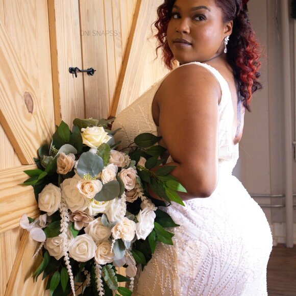Plus Size Sheath Wedding Dress | Size 26W | Beaded Tulle, Plunging V-Neck - Picture 2 of 7